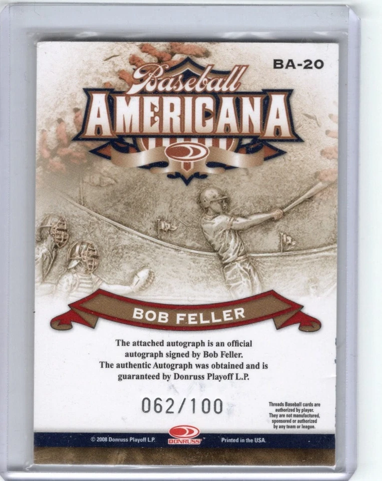 2008 DONRUSS THREADS BOB FELLER BASEBALL AMERICANA AUTO 062/100 - Image 2 of 2