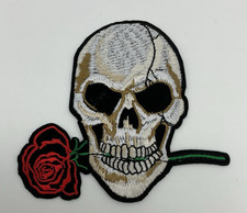 Skull Holding A Red Rose In Teeth Patch Embroidered Iron-On 3.75 Inch New