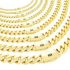 10K Yellow Gold Miami Cuban Royal Monaco Link Chain Necklace 5mm-20mm, 16"- 30"