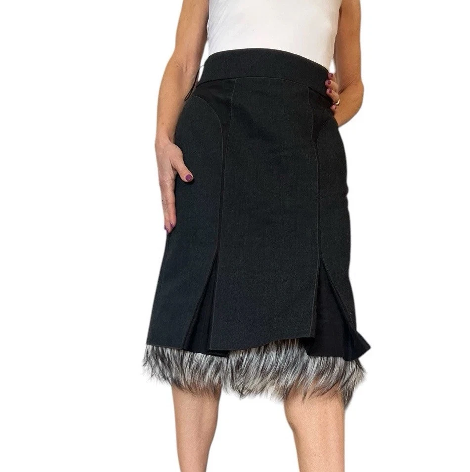 FALDA MUJER J. MENDEL TALLA 4 NEGRA RIBETE PIEL DENIM PLIEGUES GODET LÍNEA A Foto 3 de 4