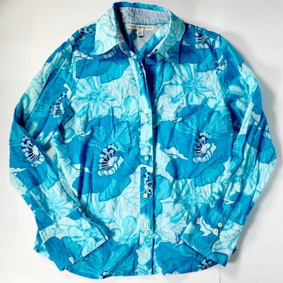 Tommy Hilfiger Womens L Tropical Floral Button-Up Shirt Double-Button Turquoise