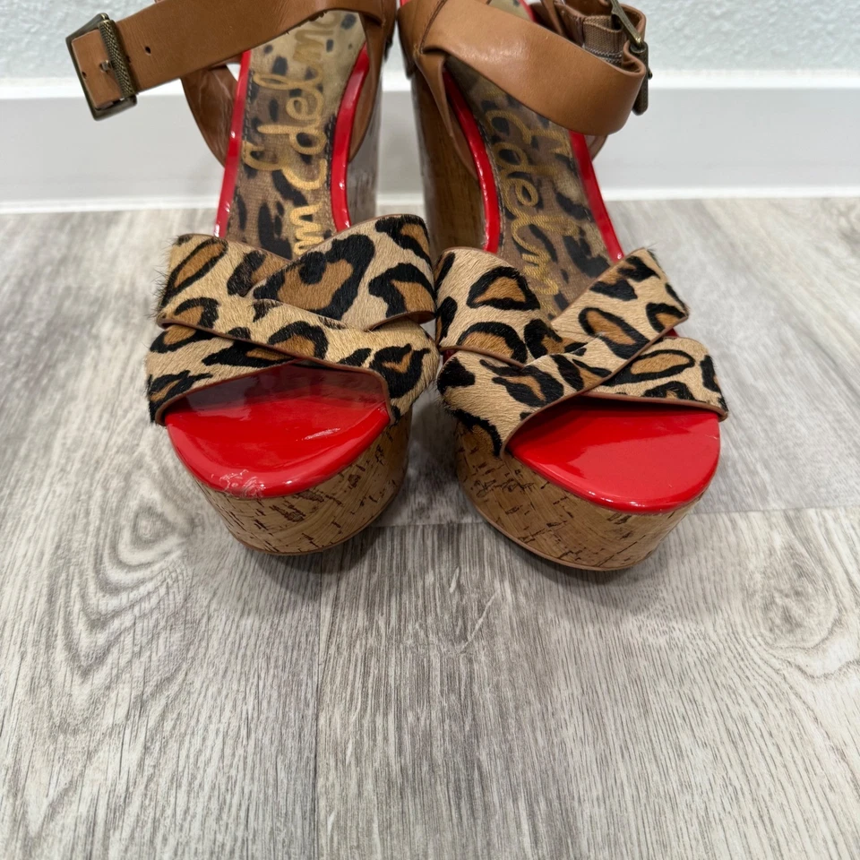 Sam Edelman 厚底楔形凉鞋豹纹扣带高跟鞋 9.5 — 第 2/4 张图片