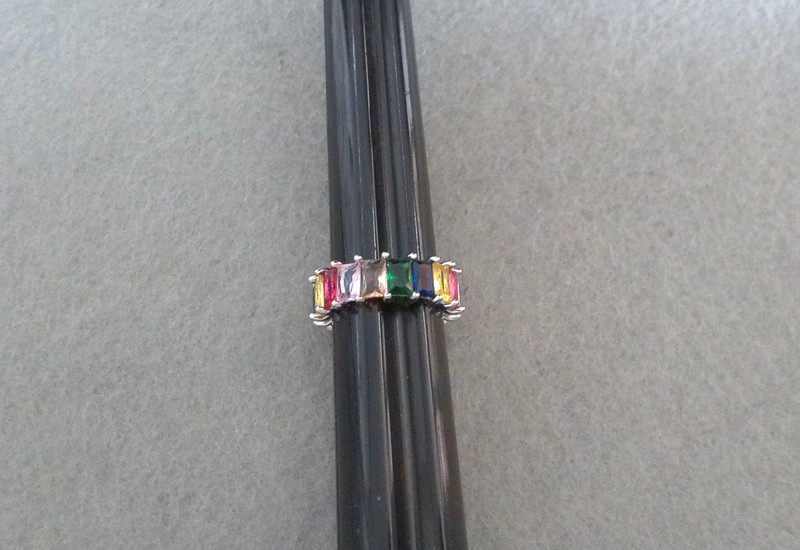 New Silvertone Multi Colored Faceted Rectangle Crystals Zirconia Ring Size 8.5