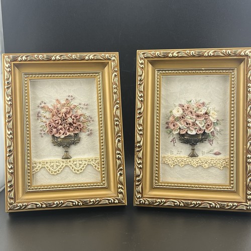 Set of Two Small Putting On The Ritz Framed Ribbon&Lace Floral Art Shadow Boxes