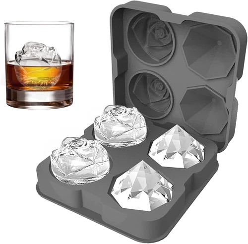 Ice Cube Tray,  2.5Inch Ice Cube Molds, 2 Cavity Silicone Rose & 2 Diamond Ice B - Picture 1 of 12