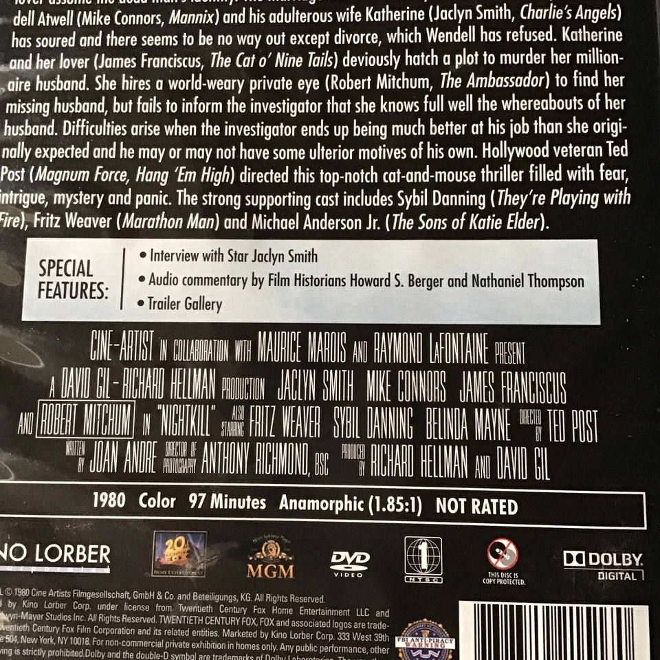 NIGHTKILL 1980 DVD OOP KINO LORBER PRINT JACLYN SMITH ROBERT MITCHUM - Image 3 of 4