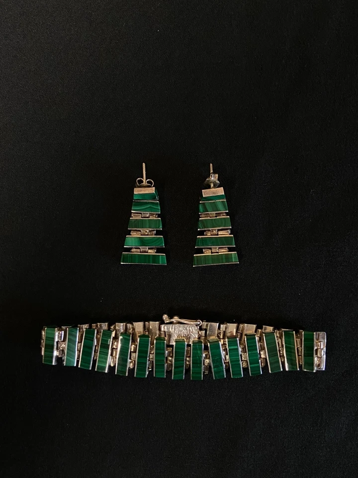 Комплект чилийский серебро 925 зеленый малахит ожерелье браслет и серьги - Изображение 3 из 4