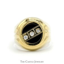Round Black Onyx Ring with 3 Cubic Zirconia Accents in 14k Yellow Gold