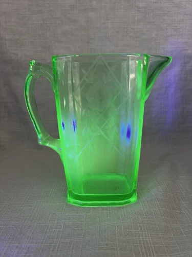 Depression Glass Pitcher Uranium Glass 5.75 Inch Tall floral pattern