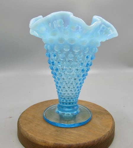 Fenton Art Glass Blue Opalescent Hobnail Double Crimped Trumpet Vase - Vintage