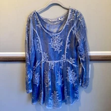 Soft Surroundings Blue Sarah Embroidered Silk Tunic & Camo Set 2AY70 Women’s XS
