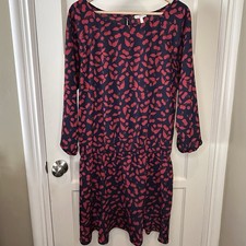 Joie Cherry Print 3/4 Length Sleeve Drop Waist Mini Dress Navy/Red - Size Large