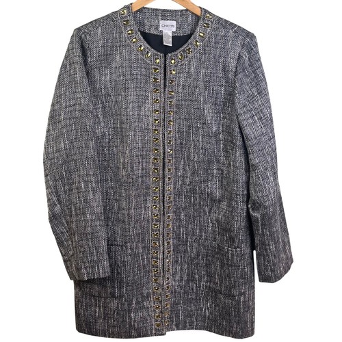 Chico's Jeweled Tweed Wool Blend Blazer Pockets Tunic Length Size 2 (Large 12)