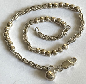 Bohemian Ball & Textured Link Chain Sterling 10.6" Anklet Bracelet with Bell
