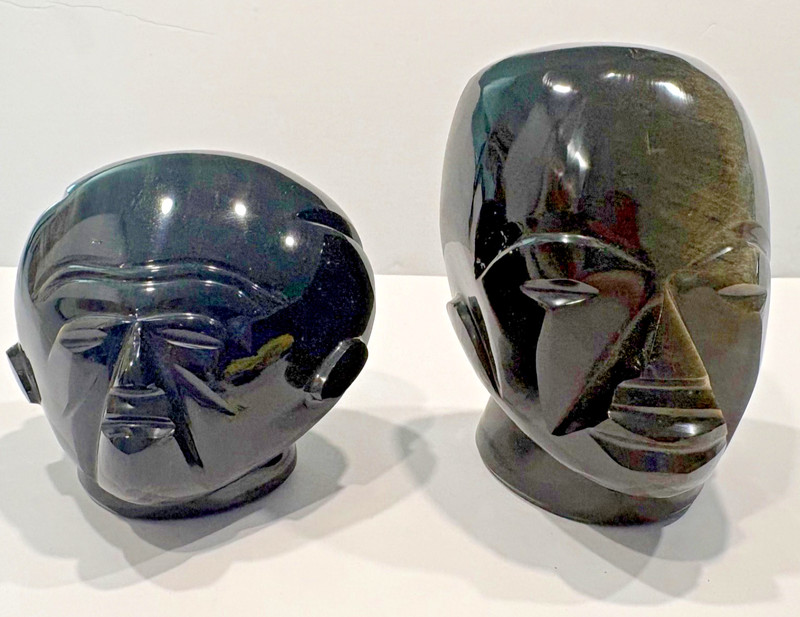 Pair of vintage Black Obsidian Golden Sheen Human Mythical Heads MexicanFolk Art