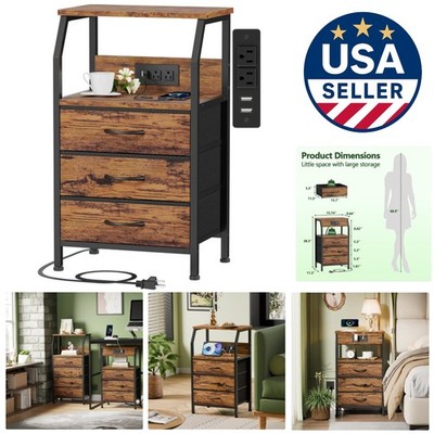 Stylish 3-Drawer Nightstand with Charging Station & Wood Shelf - 28.3 Inch