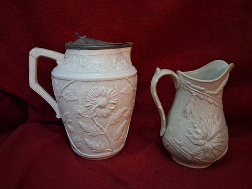 2 Relief Moulded Antique Victorian Jugs Aesthetic Daisy Flowers & Forest Cactus - Picture 5 of 7