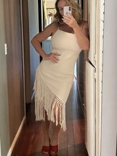 Cream Boho Dress - Cowl Neck Waffle Knit Macrame Tassel - Beach Fringe Dress