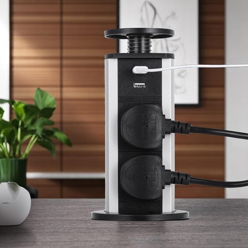 Tower Power Socket Kitchen Pop Up Sockets Desktop 3 Plug Sockets 2 USB-A Black - Picture 5 of 9