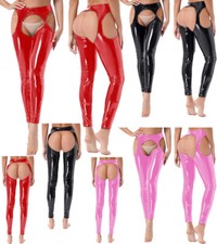 Women Latex Patent Leather Legging Hollow Out Long Pants Shiny High Waist Tight