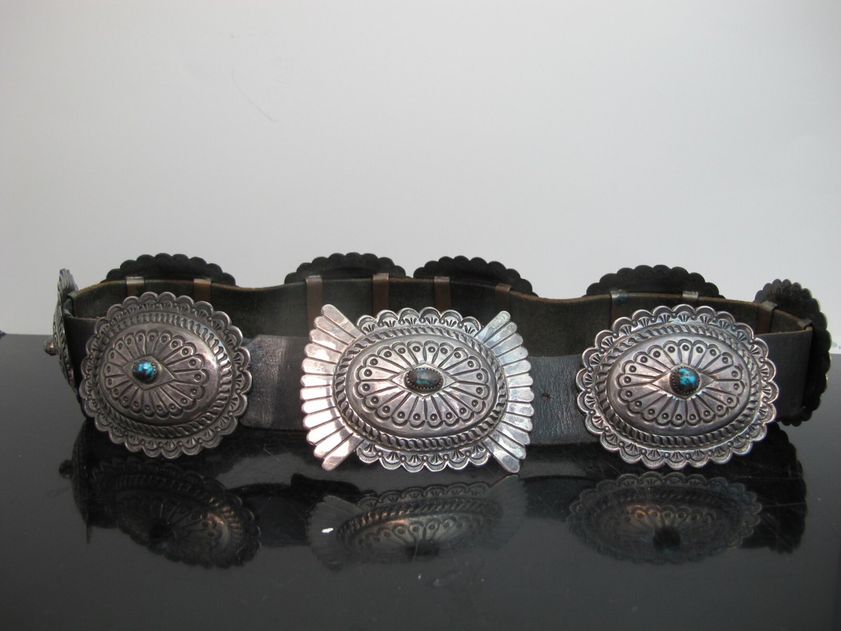 Navajo Vintage Black Leather Belt with 3 Sterling SilverTurquoise-Accent conchos Handcrafted Vintage Black Leather And Sterling Silver  main image 2