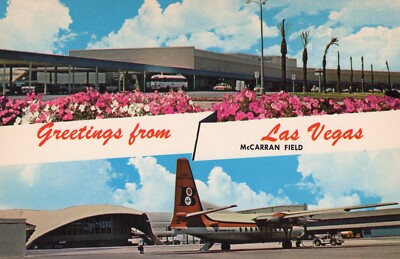 Las Vegas Nevada McCarran Field Airport Dual View Postcard Old Cars Plane Bus