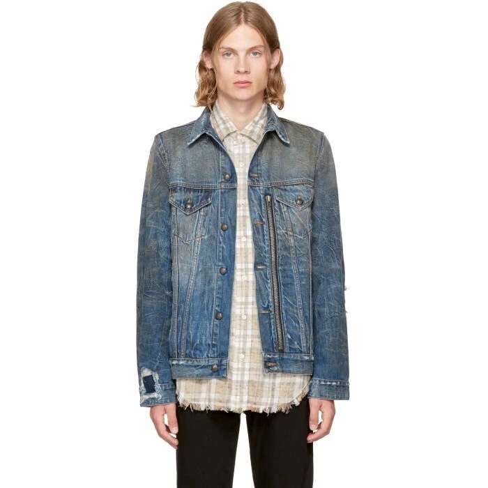 $1250 R13 Distressed Zipper Trucker Blue Jacket Large - product detail image 5
