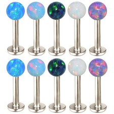 2pc 16G Opal Labret Ring Lip Stud 6-12mm Steel Bar Ear Internal Thread Piercing