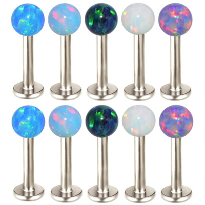 2pc 16G Opal Labret Ring Lip Stud 6-12mm Steel Bar Ear Internal Thread Piercing