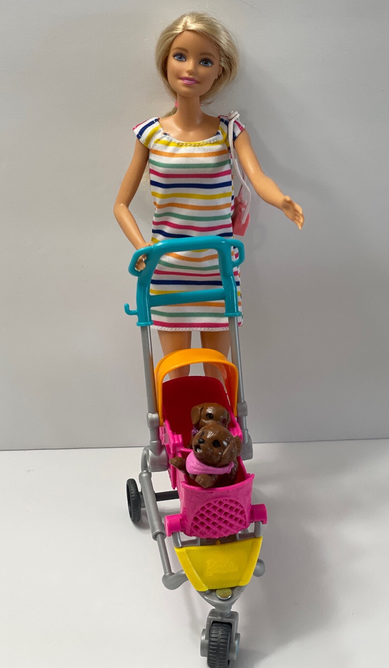 Barbie Doll Pet Stroller Lot  2 Brown Puppy Dogs Camera Pet Walker-image