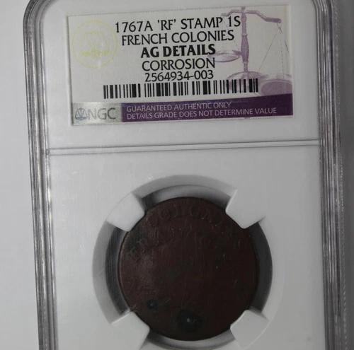 NGC 1767 COPPER "SOU" (12 DENIERS) W/ "RF" COUNTERSTAMP -- FRENCH COLONIES-