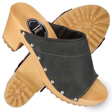 Damen Leder Clogs mit Absatz offene Holzschuhe Pantoletten Sandalen 35-41 Bodajk