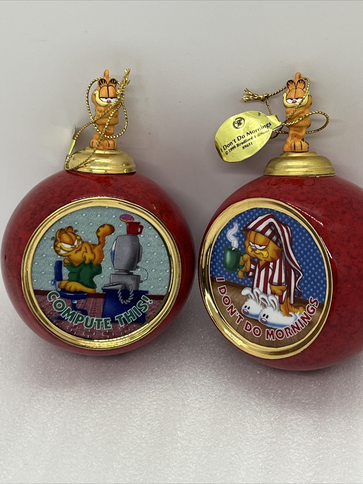 1999 Bradford Exchange Pair Of Garfield Ornaments I Don’t Do Mornings W/tags - Picture 2 of 11