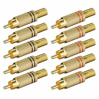 10x Cinchstecker Knickschutz Cinch RCA Ø 5,4 mm Kabel vergoldet rot und schwarz