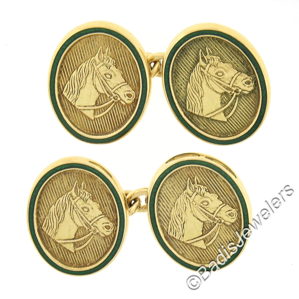 Gemelos con borde de esmalte verde cabeza de caballo DETALLADOS de oro amarillo de 18k inglés para hombre Foto 2 de 4