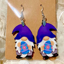Easter Gnomes Handmade Earrings MDF Wood Purple Eggs Handcrafted Boutique