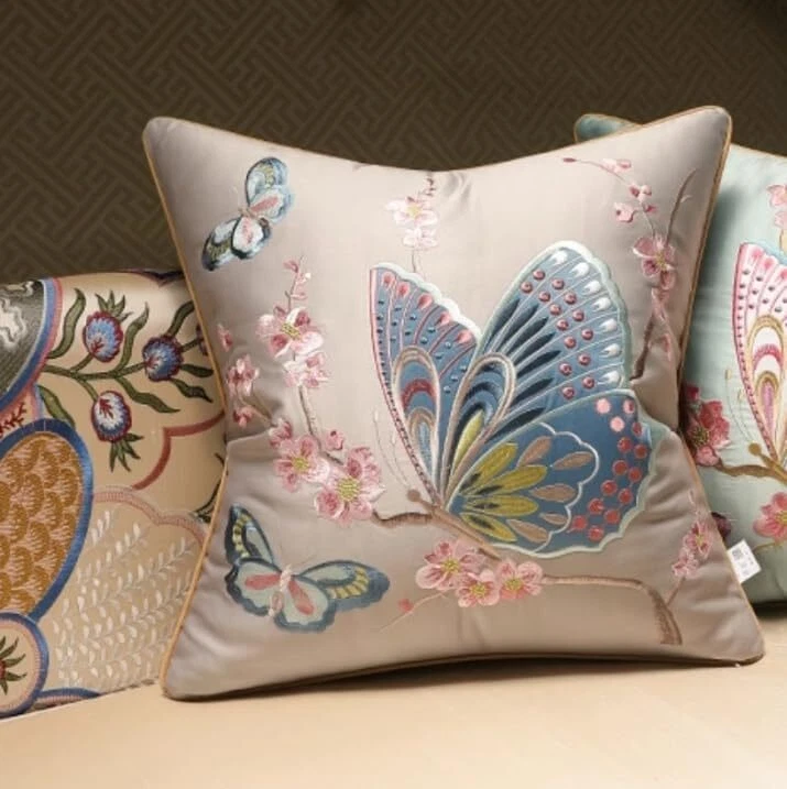 Almohada Mariposa, Almohada Cojín Floral Bordada Mariposa (Gris, 17.7 "x17.7") Foto 3 de 4