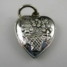 Sterling Silver FLOWER BASKET Heart Charm FOR BRACELET Necklace Pendant VINTAGE