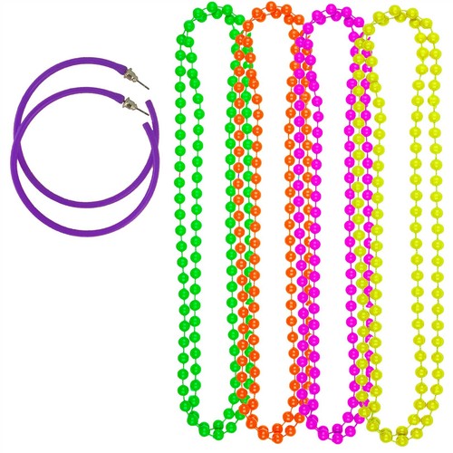 Confezione Di 4 Neon Collana Perline Orecchini a Cerchio Nubilato Festa Festival - Foto 3 di 10
