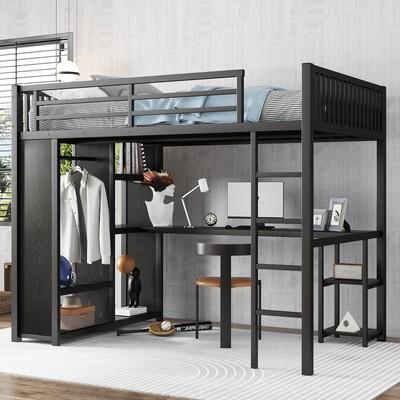 Metal Full XL Size Loft Bed with Desk Heavy Duty with Storage Shelves Wardrobe