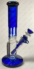10" Blue Drip Glaze Glass Straight Tube Bong Matching Downstem & 14mm Bowl