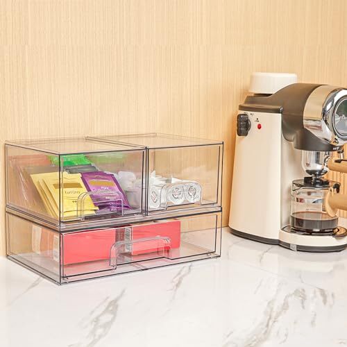 Stackable Storage Drawers Set of 3,Clear Plastic Organizer Bins for Makeup, - Afbeelding 6 van 7
