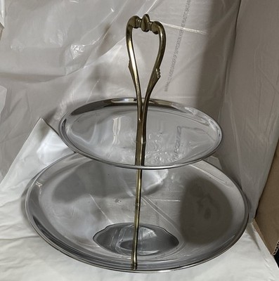 VTG MCM Kromex 2 Tier Serving Tray Chrome and Brass Tone EUC 12in. Tall Retro