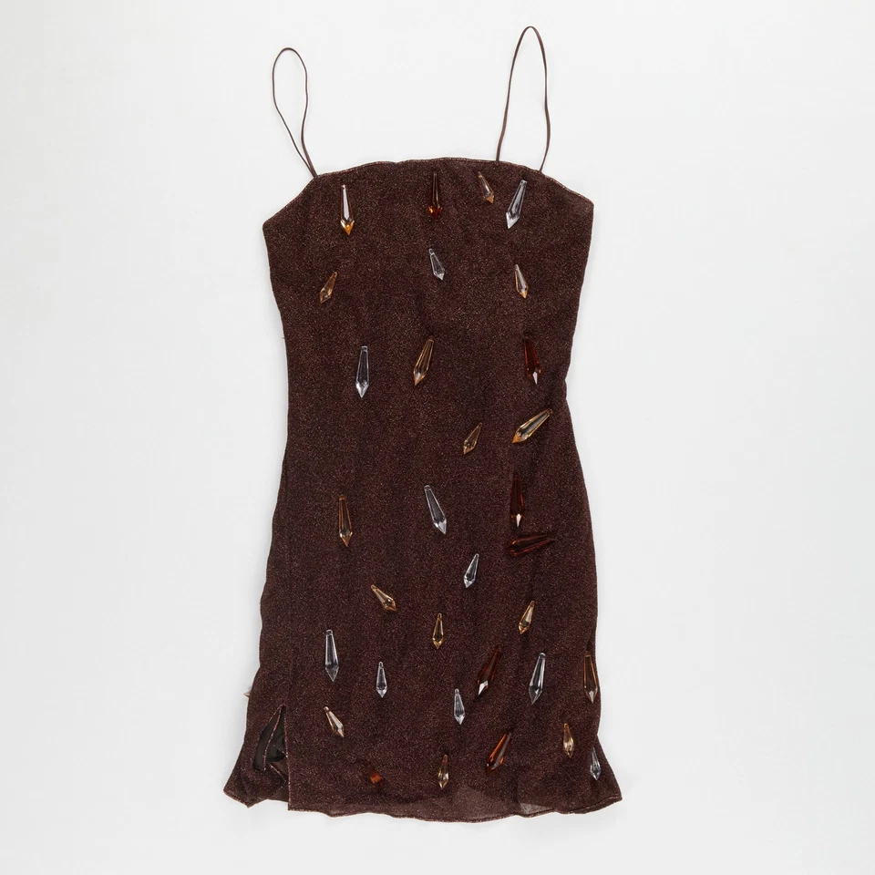 Mini Vestido de Noche OSEREE Cristal Cuello Cuadrado Marrón Chocolate Pequeño PVP400 Foto 2 de 4