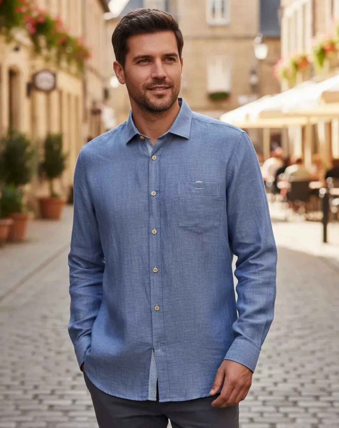 Ted Baker Men's Button Down Shirt Roll Tab Sleeves Linen Blue Size 6