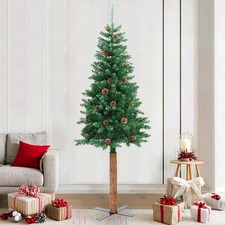 Albero di Natale Sottile con Legno Vero e Pigne Verde 210cm PVC