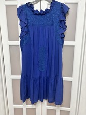 J Marie Blue Embroidered Ruffle Dress Size M Boho Cottagecore 