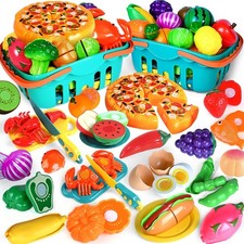100 PCS Cutting Play Food Toy for Kids Kitchen, Pretend Toys Blue