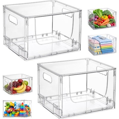 2 Pack Large Foldable Open Front Storage Bins with Lids, Stackable Clear Plas...