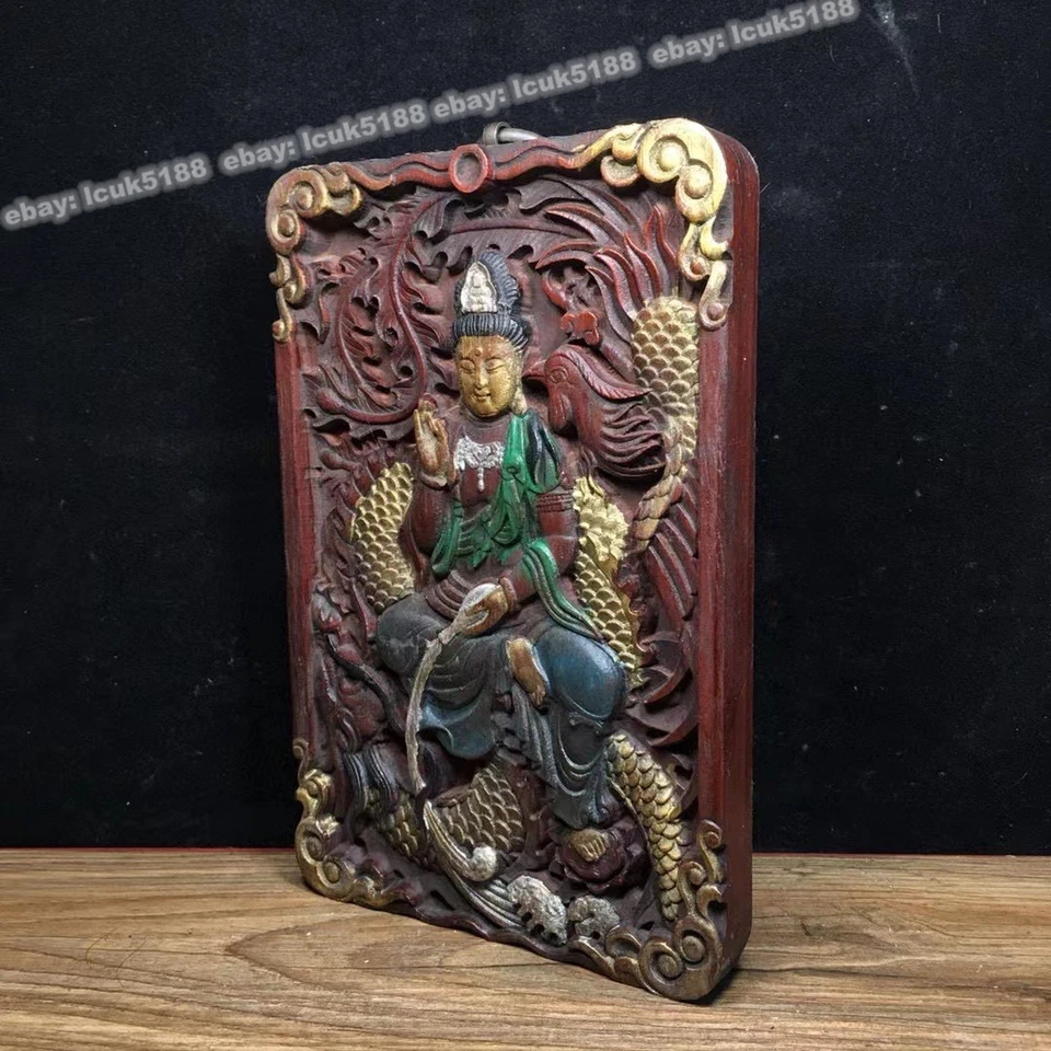 Arte budista tibetano Avalokiteshvara dragón fénix Thangka de madera roja tallada a mano Foto 4 de 4